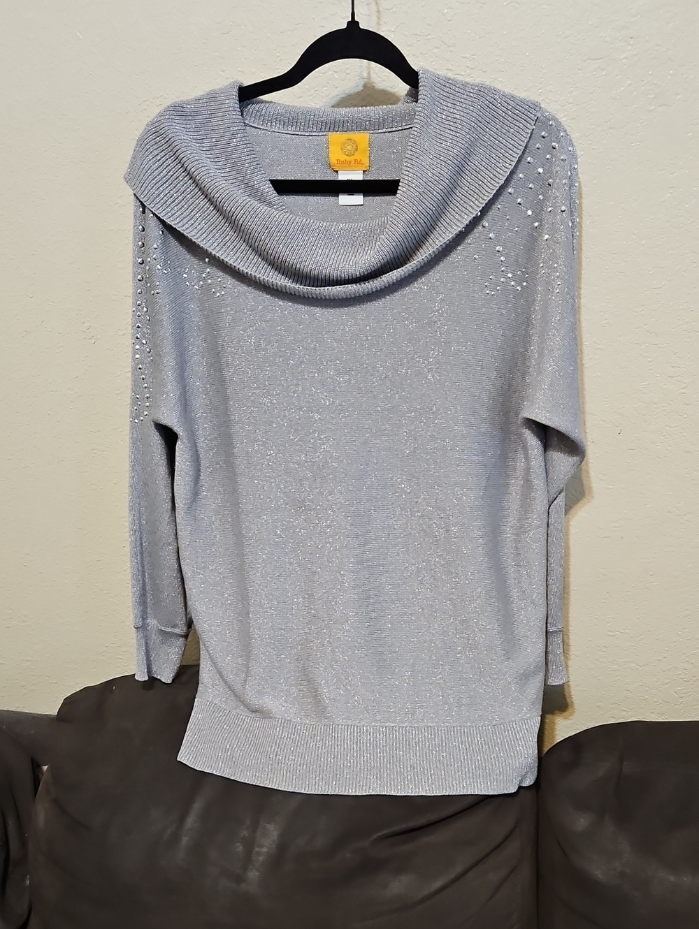 Ruby Rd. Silver Shimmer Cowl Neck Sweater with Embellished Shoulders
